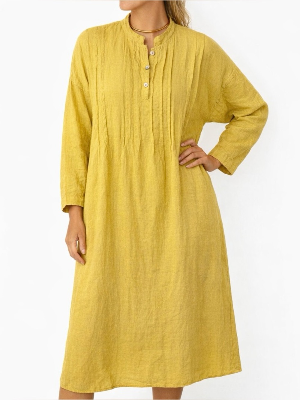 🆕 Midi Linen Dress Pin Tuck Mother of Pearl Buttons Natural Dyes Yellow XXL